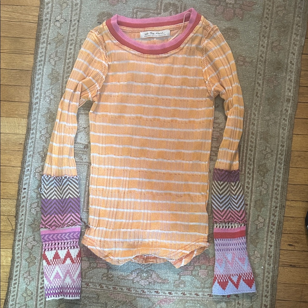 Free People Orange Striped Long Sleeve Top with Patterned Cuffs
